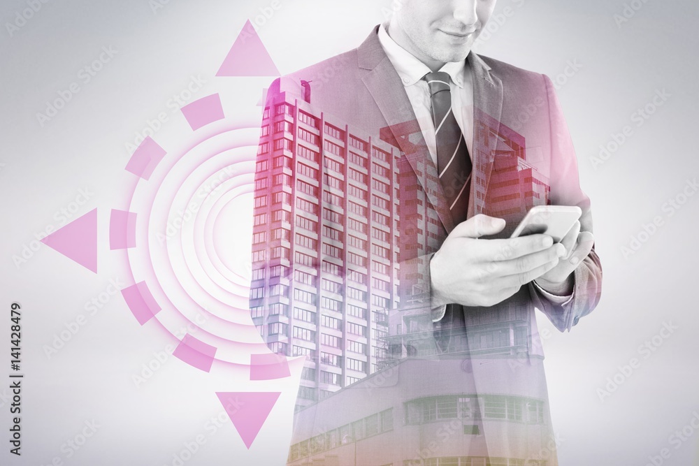 Poster composite image of smiling businessman using mobile phone 3d