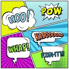 Abstract creative concept vector comic pop art style blank, layout template with clouds beams and isolated dots background. For sale banner, empty speech bubble set, illustration halftone book design.