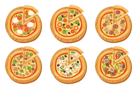 Pizza flat icons isolated vector illustration piece slice pizzeria food menu snack on white background pepperoni ingredient delivery italian set