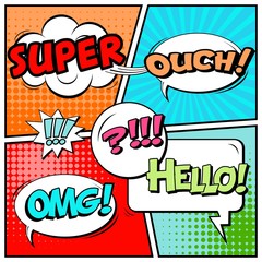 Fototapeta premium Abstract creative concept vector comic pop art style blank, layout template with clouds beams and isolated dots background. For sale banner, empty speech bubble set, illustration halftone book design.