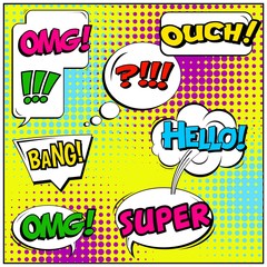 Abstract creative concept vector comic pop art style blank, layout template with clouds beams and isolated dots background. For sale banner, empty speech bubble set, illustration halftone book design.