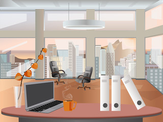 Office interior vector business background, tables chairs, computer desk, desktop, window, city, empty, on the tables with computers.