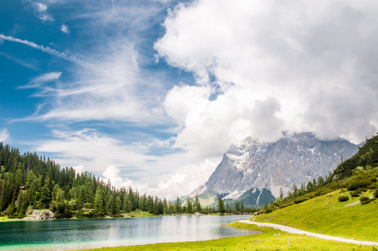 view on Zugspitze mountain from Seeben lake