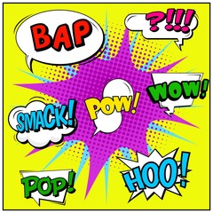 Abstract creative concept vector comic pop art style blank, layout template with clouds beams and isolated dots background. For sale banner, empty speech bubble set, illustration halftone book design.