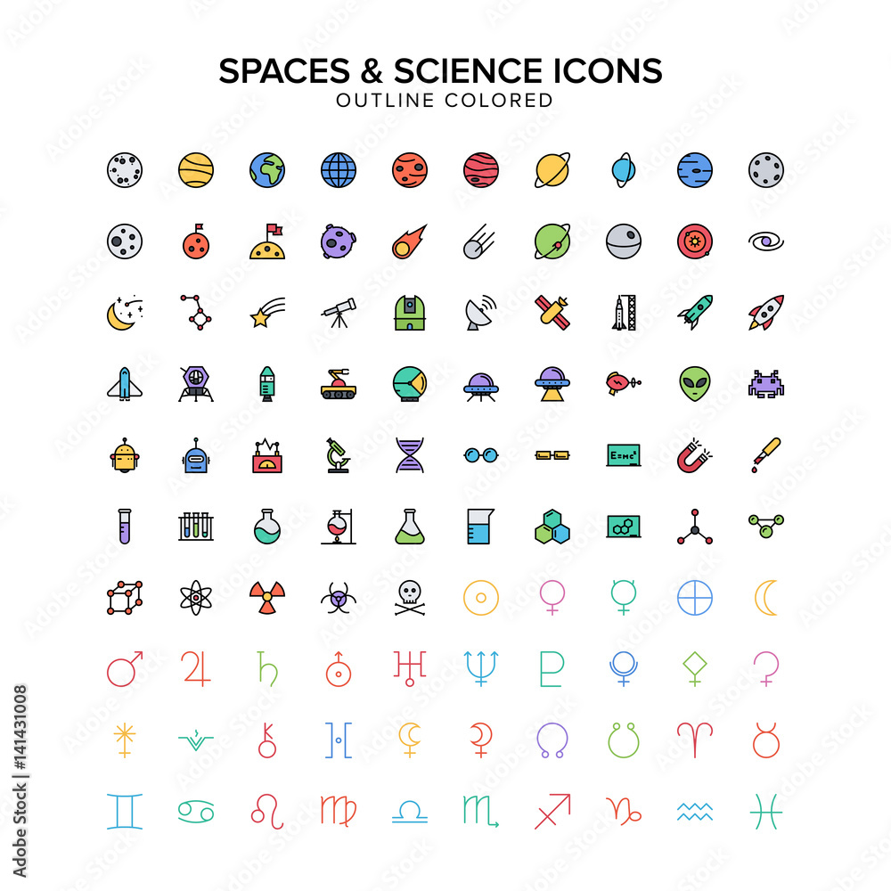 Wall mural spaces and science outline icons colored set