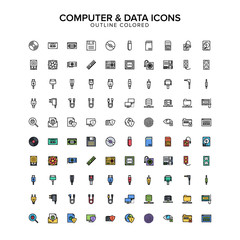 computer and data outline colored icon set