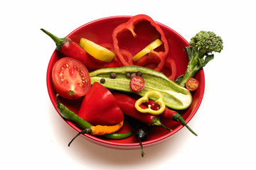 broccoli, allspice, tomato, chilly isolated on white