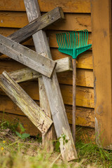 Standing fork harrows rake, gardening equipment.