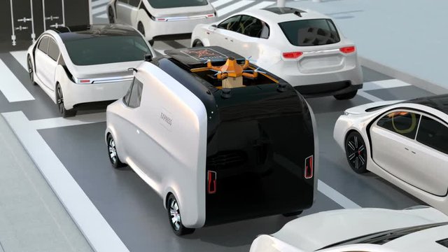 Delivery van stuck in traffic jam. The van released a delivery drone to delivering a cardboard parcel. 3D rendering animation.