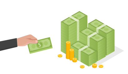 Businessman hand holds a stack of green dollars money vector illustration