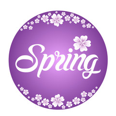 Spring frame with white flowers on violet background with lettering