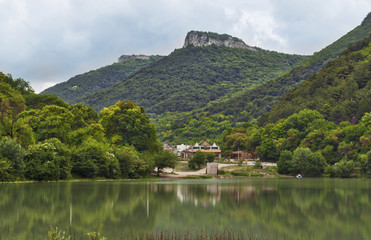 Fototapeta premium View from the lake to Mangup Kale mountain, Ukraine, Crimea