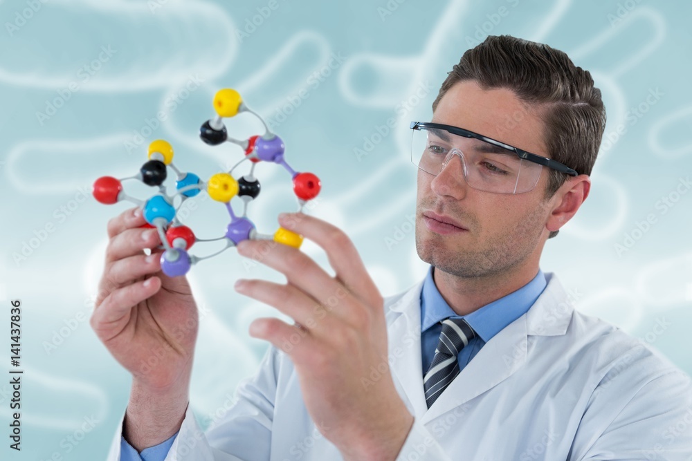 Poster composite image of scientist experimenting molecule structure 3d