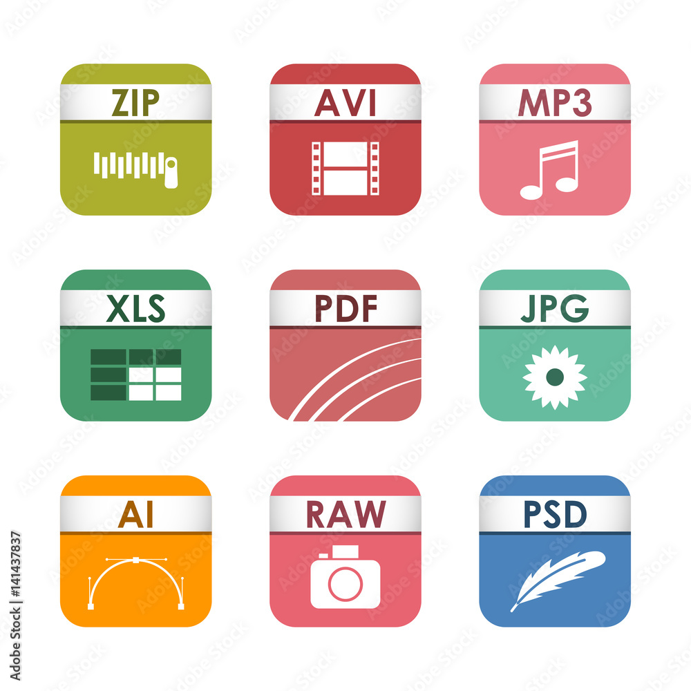 Poster simple square file types formats labels icon set presentation document symbol and audio extension gr