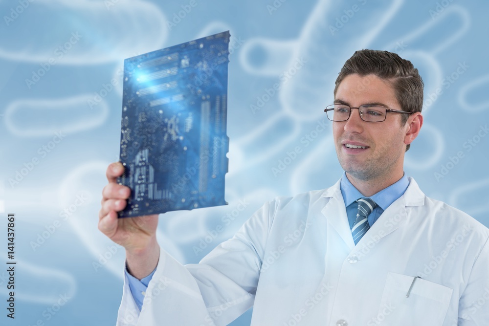 Poster composite image of computer engineer holding motherboard 3d