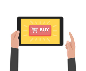 Man hand hold tablet computer with website template buy buttons. Vector illustration