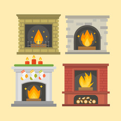 Flat style fireplace icon design house room warm christmas flame bright decoration coal furnace and comfortable warmth energy indoors vector illustration.