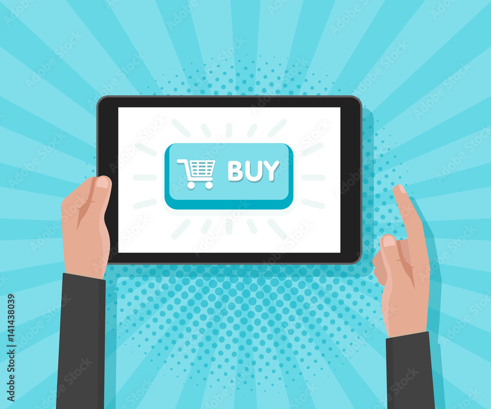 Poster man hand hold tablet computer with website template buy buttons. vector illustration
