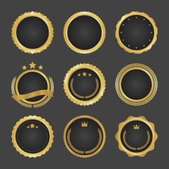 Collection of modern, gold circle metal badges, labels and design elements. Vector illustration