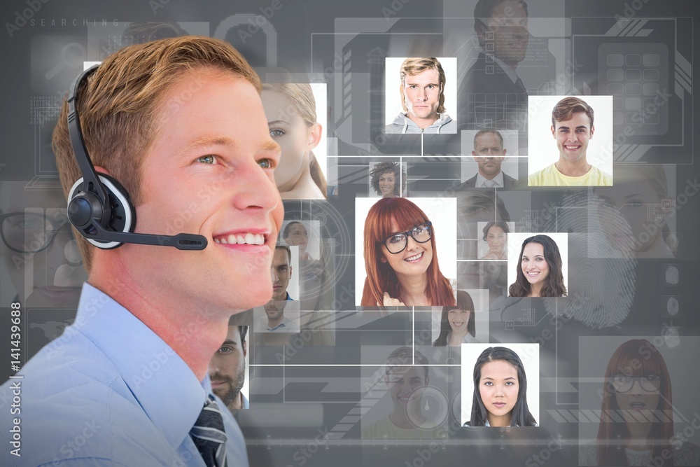 Poster composite image of handsome agent with headset