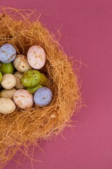 Colorful chocolate Easter eggs in the nest