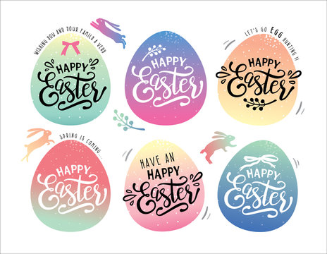 Set of easter eggs with happy Easter lettering