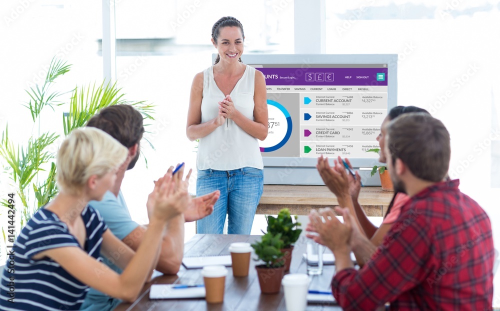Poster composite image of colleagues clapping hands in a meeting