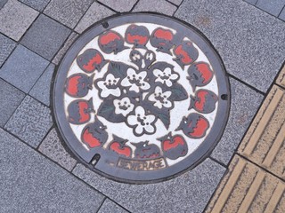Manhole cover of Nagano engraved with apple. Apples are one of the special products of Nagano. The yield of apples in Nagano is the second largest in Japan.