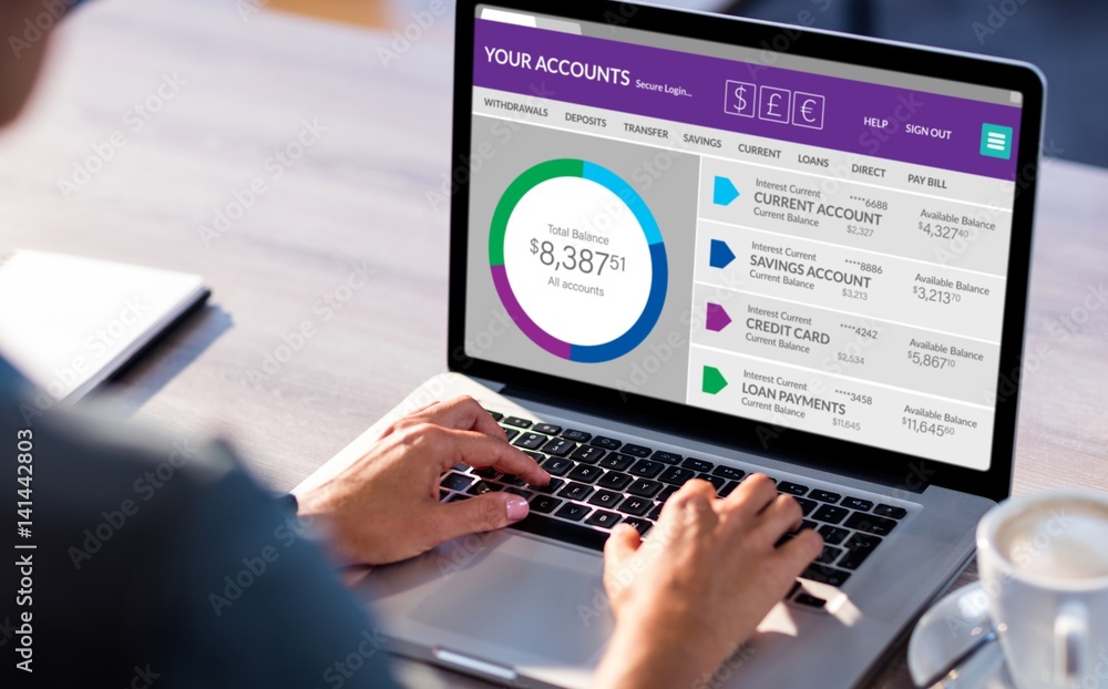 Poster composite image of graphic image of bank account web site