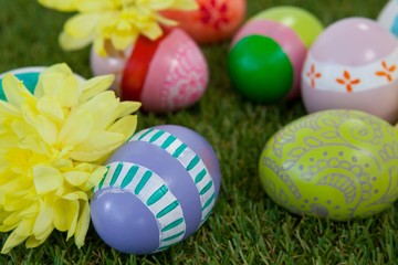 Fototapeta na wymiar Painted easter eggs with flowers on grass