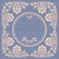 Vintage circle frame vector, hohloma style, empty space, grunge burlap background