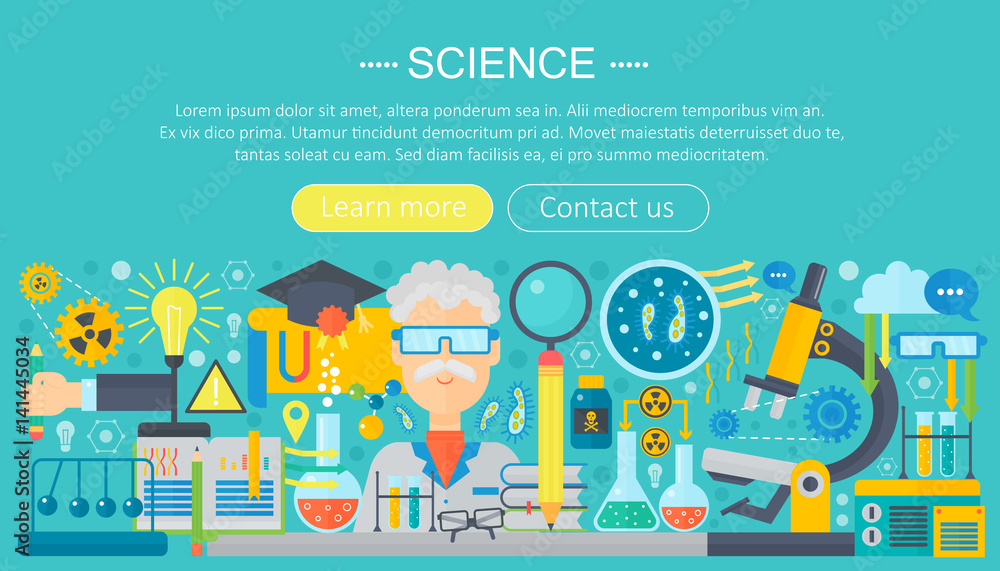 Poster Flat design concept of science. Horizontal banner with scientist workplaces. Scientific research experiment infographics template design, web header icons elements.Vector illustration.