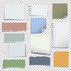 Set of various notes paper on transparent background
