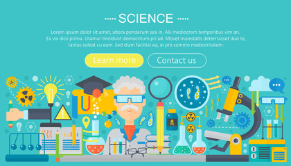 Flat design concept of science. Horizontal banner with scientist workplaces. Scientific research experiment infographics template design, web header icons elements.Vector illustration.