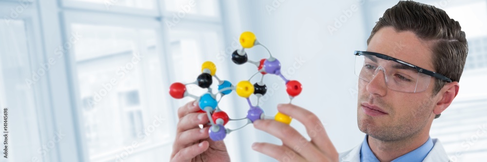 Poster composite image of scientist experimenting molecule structure