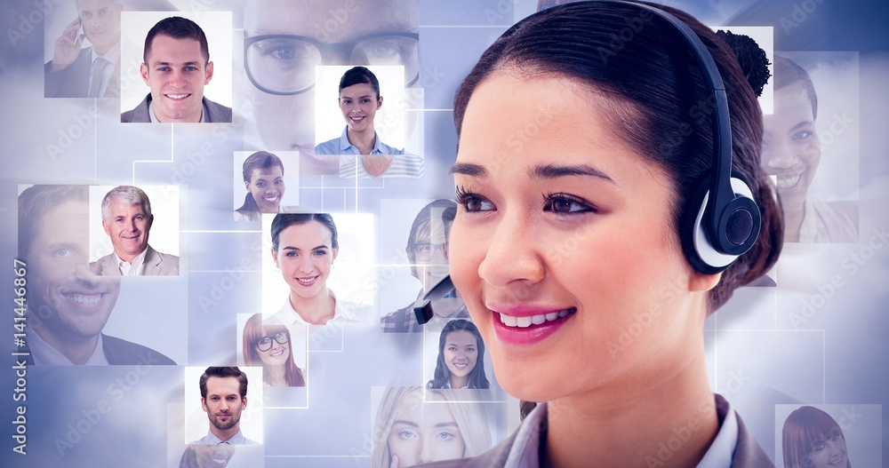 Poster composite image of happy operator posing with a headset