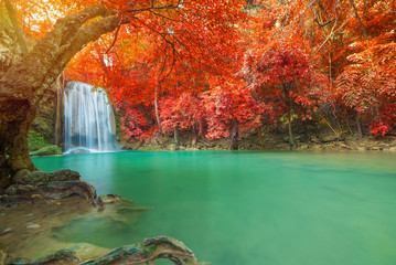 Fototapeta na wymiar Waterfall in Deep forest at Erawan waterfall National Park,