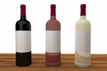 red white and rose wine bottles 3D rendering
