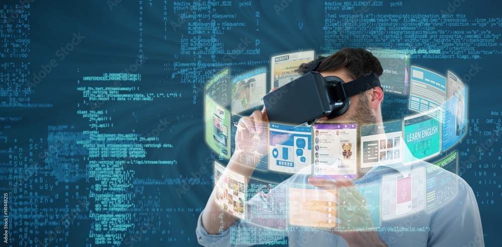 Poster composite image of man using black virtual reality headset 3d