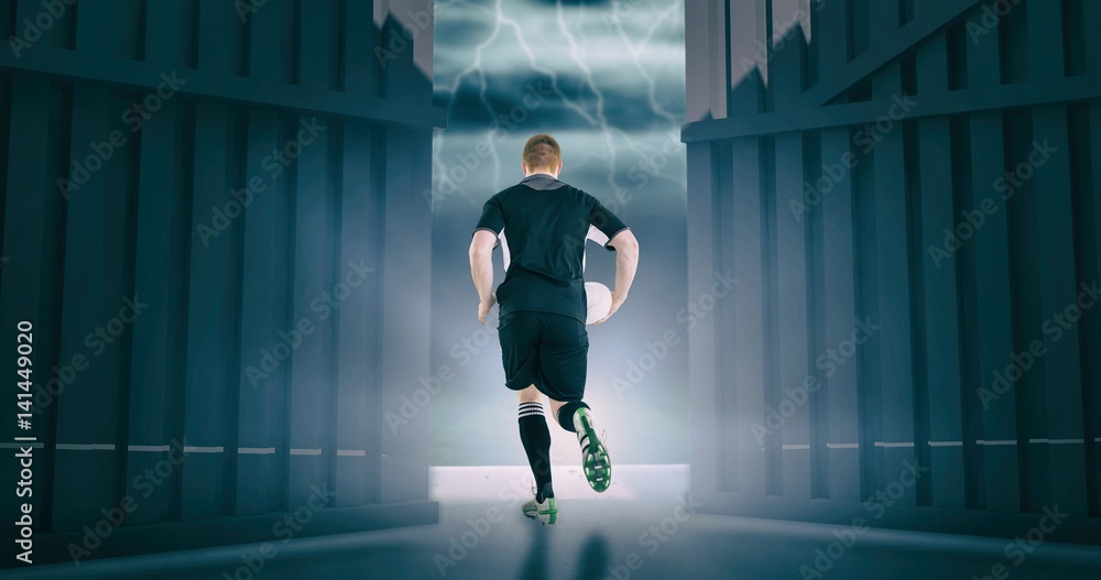 Canvas Prints Composite image of rugby player running with a rugby ball 3d