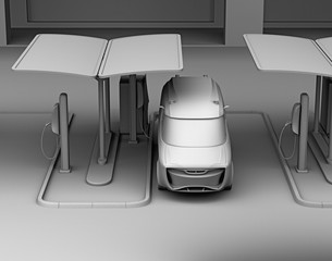 Clay model rendering of delivery van in charging station. 3D rendering image.