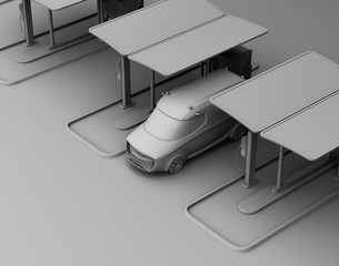 Clay model rendering of delivery van in charging station. 3D rendering image.