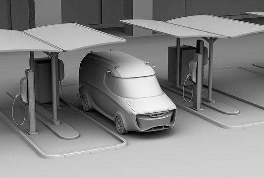 Clay model rendering of delivery van in charging station. 3D rendering image.