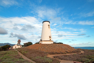 Lighthouse at Piedras Blancas point at cloudy sunset on the Central Coast of California USA