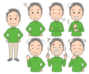 男性シニアのイラスト（セット 全身）