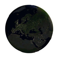 Europe on Earth at night isolated on white