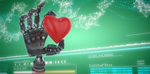 Composite image of 3d image of cyborg holding heard shape