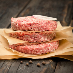 raw ground beef meat cutlets close up