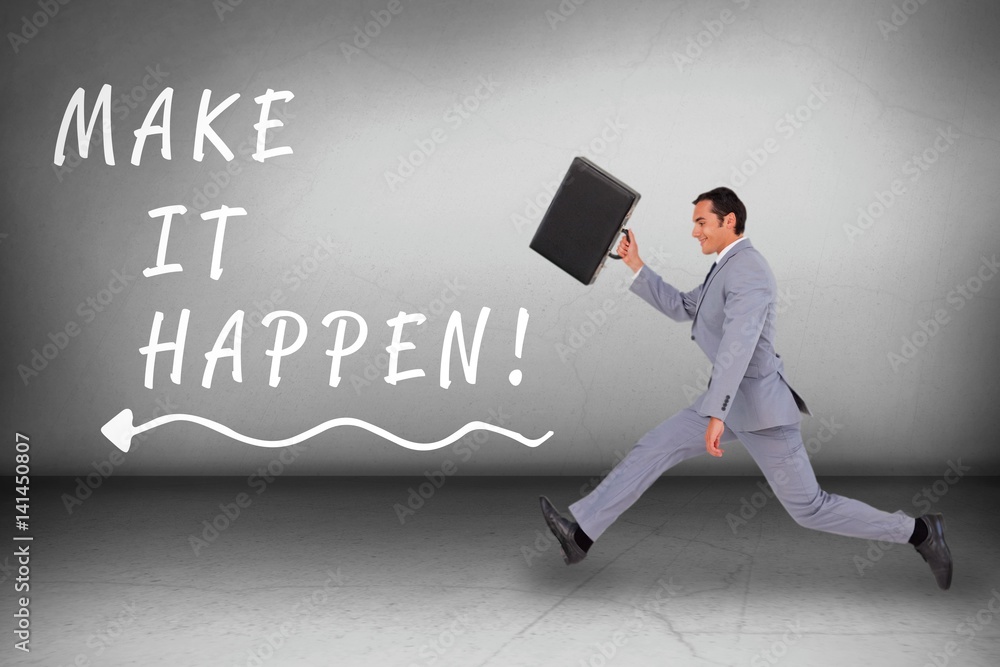 Poster composite image of businessman running with a suitcase