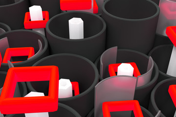 Obraz premium Pattern of black tubes, hexagons, square elements and glass surfaces